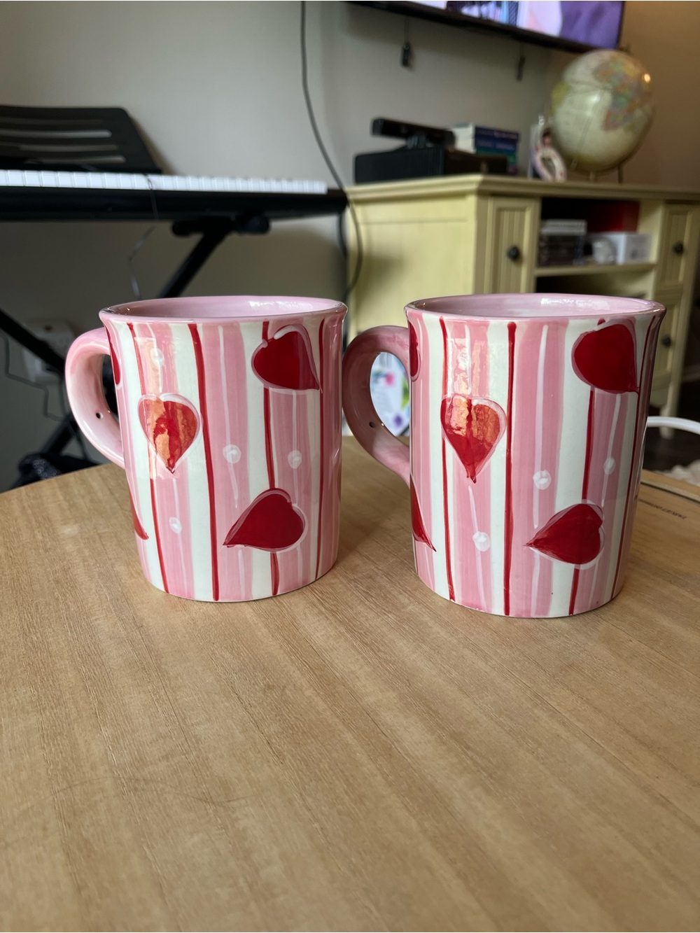 Pink Heart Stripe Ceramic Coffee Mug - Set of 2